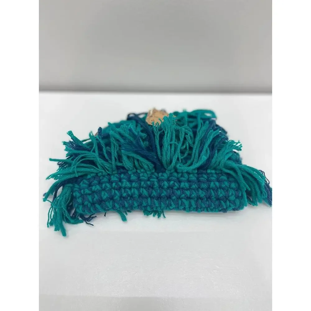 Natural Life Coin Purse Blue Green Crochet Yarn Fringe Pouch Kisslock Artsy Boho